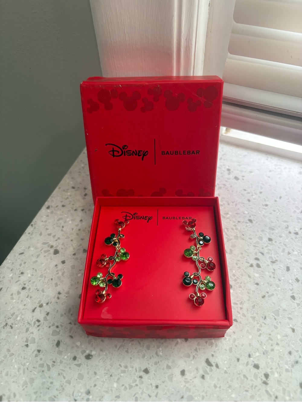 NIB BaubleBar x Disney Green & Red Mickey Vine Drop Earrings